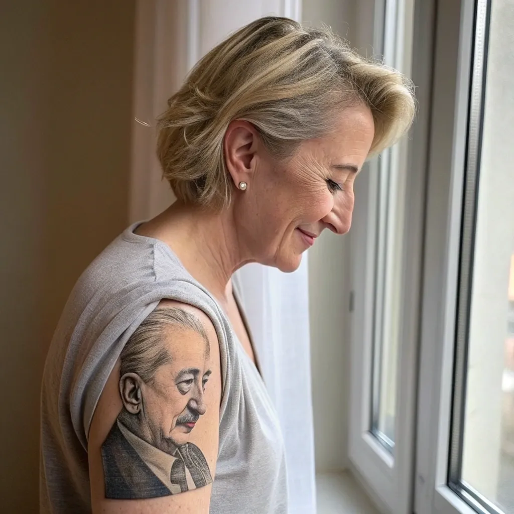 Emma Thompson admiring her grandfather's tattoo portrait